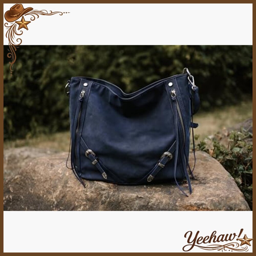 Large Faux Suede Hobo Bag with Fringe & Buckle Details, Shoulder Strap - Picture 3 of 7